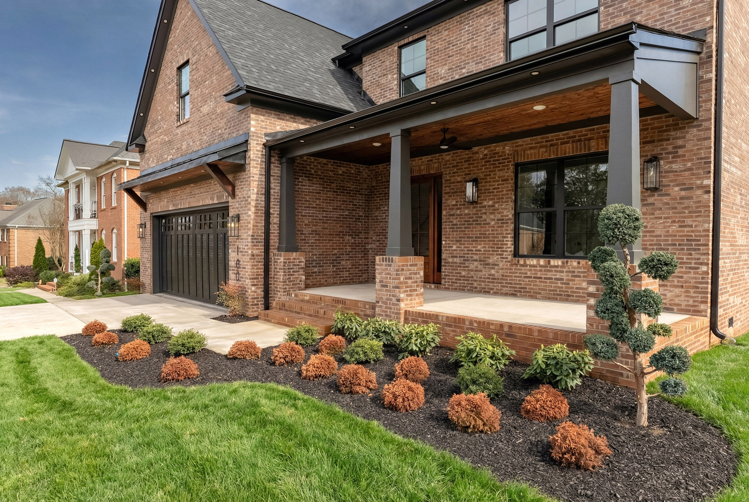 Two-story brick home with a covered front porch, wood plank ceiling, black square columns, and a dark garage door